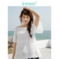 茵曼短袖衬衫女夏装新款方领白色纯棉刺绣镂空花边喇叭袖衬衣