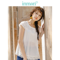 茵曼夏装新款花边摆宽松A型小盖袖百搭娃娃装衬衣女白色衬衫