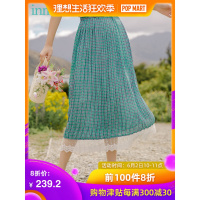 茵曼半身裙女2019夏装新款格子拼接蕾丝花边优雅气质个性中长裙