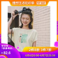 茵曼T恤女2019夏装新款纯棉船领蝙蝠袖休闲宽松百搭文艺印花上衣