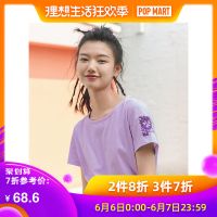 茵曼T恤2019夏装新款纯棉圆领短袖刺绣文艺休闲宽松紫色上衣女