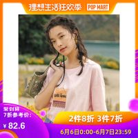 茵曼T恤女2019夏装新款圆领落肩袖绣花宽松复古文艺百搭粉色上衣