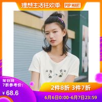 茵曼T恤女2019夏装新款纯棉圆领短袖小清新印花修身显瘦体恤上衣