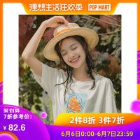 茵曼T恤女2019夏装新款宽松落肩袖小清新印花体恤半袖上衣浅蓝色