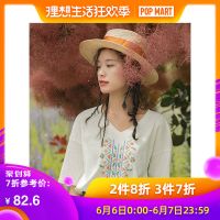 茵曼T恤女2019夏装新款V领落肩袖宽松文艺复古民族风印花上衣女