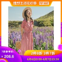 茵曼裙子女2019夏季新款复古气质收腰红色格子连衣裙荷叶边中长款