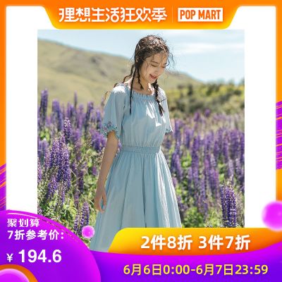 茵曼裙子女2019新款文艺清新甜美绣花木耳边蓝色连衣裙夏小清新