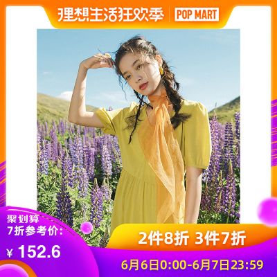 茵曼裙子女2019夏季新款文艺气质甜美v领泡泡袖连衣裙收腰灯笼袖