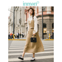 茵曼裙子2019夏装新款背带不规则收褶配腰带显瘦亚麻连衣裙中长款