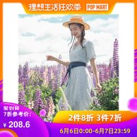 茵曼裙子女2019夏季新款文艺气质腰封收腰条纹v领棉麻连衣裙亚麻