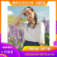 茵曼衬衣2019夏装新款纯棉前后V领精致绣花宽松中袖衬衫女文艺范