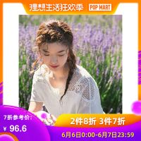 茵曼衬衣2019夏装新款圆领拼接精美镂空花片蝙蝠短袖衬衫女文艺范