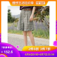 茵曼裤子女2019夏季新款休闲英伦风格子短裤女高腰宽松五分裤显瘦