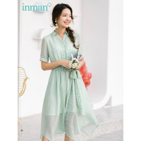 茵曼裙子女2019夏装新款清新雪纺绿色复古收腰v领格子裙连衣裙a字