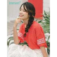茵曼T恤女2019夏装新款V领灯笼袖绣花复古民族风纯棉宽松文艺上衣