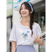 茵曼T恤女2019夏装新款纯棉圆领落肩袖宽松印花文艺半袖上衣