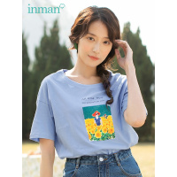 茵曼T恤女2019夏装新款纯棉圆领落肩袖宽松文艺个性田园印花上衣