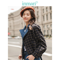 茵曼秋装新款复古文艺撞色格子双层翻领假两件外套女短款宽松