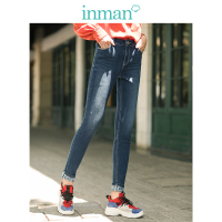 茵曼春秋装新款微弹修身磨白猫须休闲牛仔裤女