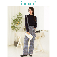 茵曼冬装新款高腰格纹宽松阔腿背带裤长裤女