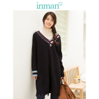 茵曼春装新款V领绣花宽松文艺复古毛织连衣裙女