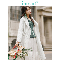 茵曼春装新款西装领单扣米白色系带收腰港风风衣外套女中长款