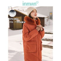 茵曼冬装新款绒毛领连帽趣味印花长款过膝羽绒服女加厚橘红色