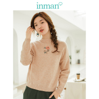 茵曼春装新款文艺复古宽松半高领绣花落肩短款套头毛衣女上衣