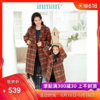 茵曼冬装新款翻领复古格纹绣花长款毛呢外套大衣女