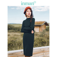 茵曼女装春装新款气质复古坑条显瘦半高领长袖毛织连衣裙女及膝