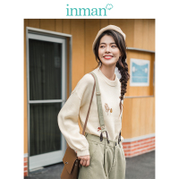 茵曼春秋新款落肩灯笼袖套头圆领毛衣女长袖清新绣花针织衫