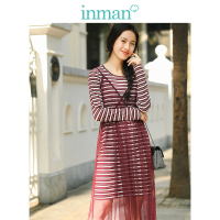 茵曼秋装新款条纹显瘦吊带纱裙两件套连衣裙女