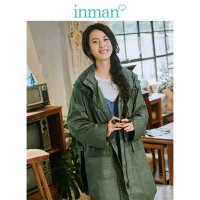 茵曼春装新款韩版开叉摆连帽中长款工装风衣外套女军绿色宽松