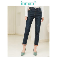 茵曼秋装新款中腰贴布绣挽脚抓破中性牛仔裤女