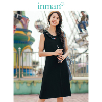 茵曼春秋新款绣花韩版荷叶边黑色无袖连衣裙气质中长款背心