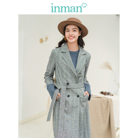 茵曼冬季新款气质复古翻领双排扣格纹收腰中长款风衣外套女
