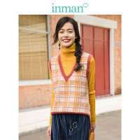 茵曼秋装新款复古文艺范格纹宽松套头毛衣背心女