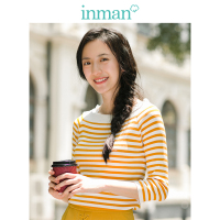 茵曼秋装新款蕾丝花边一字领显瘦细横条纹五分袖针织衫女修身