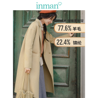 茵曼秋冬新款翻领一粒扣羊毛呢外套中长款双面呢大衣女过膝