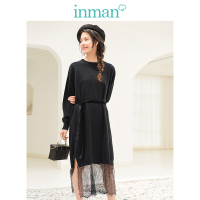 茵曼冬装新款优雅宽松收腰蕾丝轻熟长袖连衣裙女