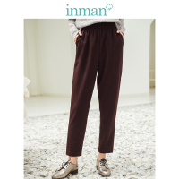 茵曼女装冬装新款文艺复古高腰松紧条纹宽松羊毛呢休闲裤女长裤