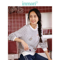 茵曼冬装新款文艺贴布印绣花圆领条纹针织衫女套头