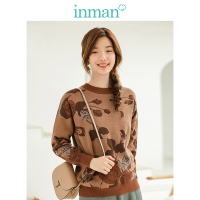 茵曼秋冬新款玫瑰套头圆领落肩毛衣女驼色复古显瘦针织衫