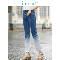 茵曼纯棉高腰渐变色毛边牛仔裤女春秋新款显瘦长裤直筒