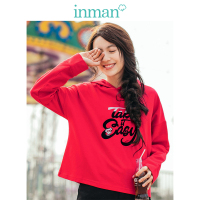 茵曼春秋新款连帽落肩长袖绣花百搭休闲短卫衣女超火上衣潮