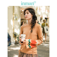 茵曼春秋装新款棉质圆领宽松喇叭长袖套头毛衣女拼色针织衫上衣