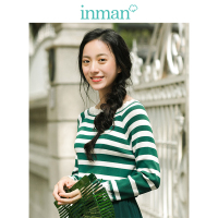 茵曼秋装新款波浪领口条纹显瘦休闲甜美毛衣女套头针织衫长袖