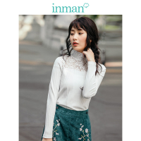 茵曼春新款高领拼接镂空花边净色百搭长袖针织T恤女文艺上衣