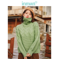 茵曼春秋新款文艺落肩提花长袖高领毛衣女宽松百搭复古慵懒风