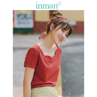 茵曼年轻文艺风2019夏装新款纯色花边圆领短袖百搭T恤上衣女